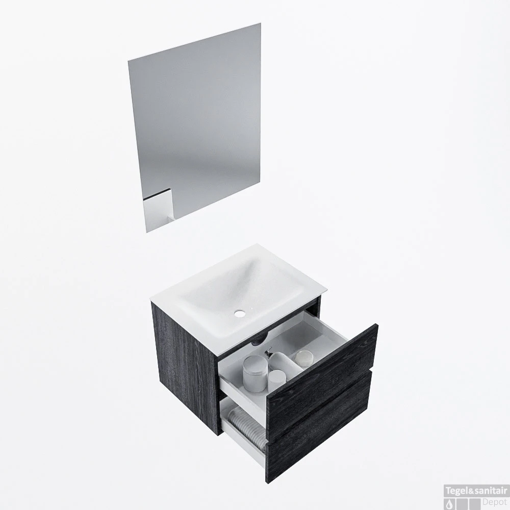 MONDIAZ VICA 60cm Badmeubel Onderkast Antracite 2 Lades. Wastafel CLOUD Midden Zonder Kraangat, Kleur Talc Met Spiegel LED. 2 MONDIAZ VICA 60cm Badmeubel Onderkast Antracite 2 Lades. Wastafel CLOUD Midden Zonder Kraangat, Kleur Talc Met Spiegel LED. - Afbeelding 2