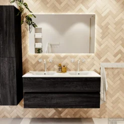 MONDIAZ VICA 120cm Badmeubel Onderkast Antracite 2 Lades. Wastafel DENIA Dubbel 2 Kraangaten, Kleur Glanzend Wit. -Baden Luxe Verkoop badkamermeubel vica antracite denia talc set1 0006