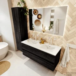 MONDIAZ VICA 120cm Badmeubel Onderkast Antracite 2 Lades. Wastafel DENIA Dubbel 2 Kraangaten, Kleur Glanzend Wit. -Baden Luxe Verkoop badkamermeubel vica antracite denia talc set2 0006