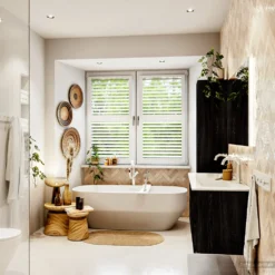 MONDIAZ VICA 120cm Badmeubel Onderkast Antracite 2 Lades. Wastafel DENIA Dubbel 2 Kraangaten, Kleur Glanzend Wit. -Baden Luxe Verkoop badkamermeubel vica antracite denia talc set3 0006