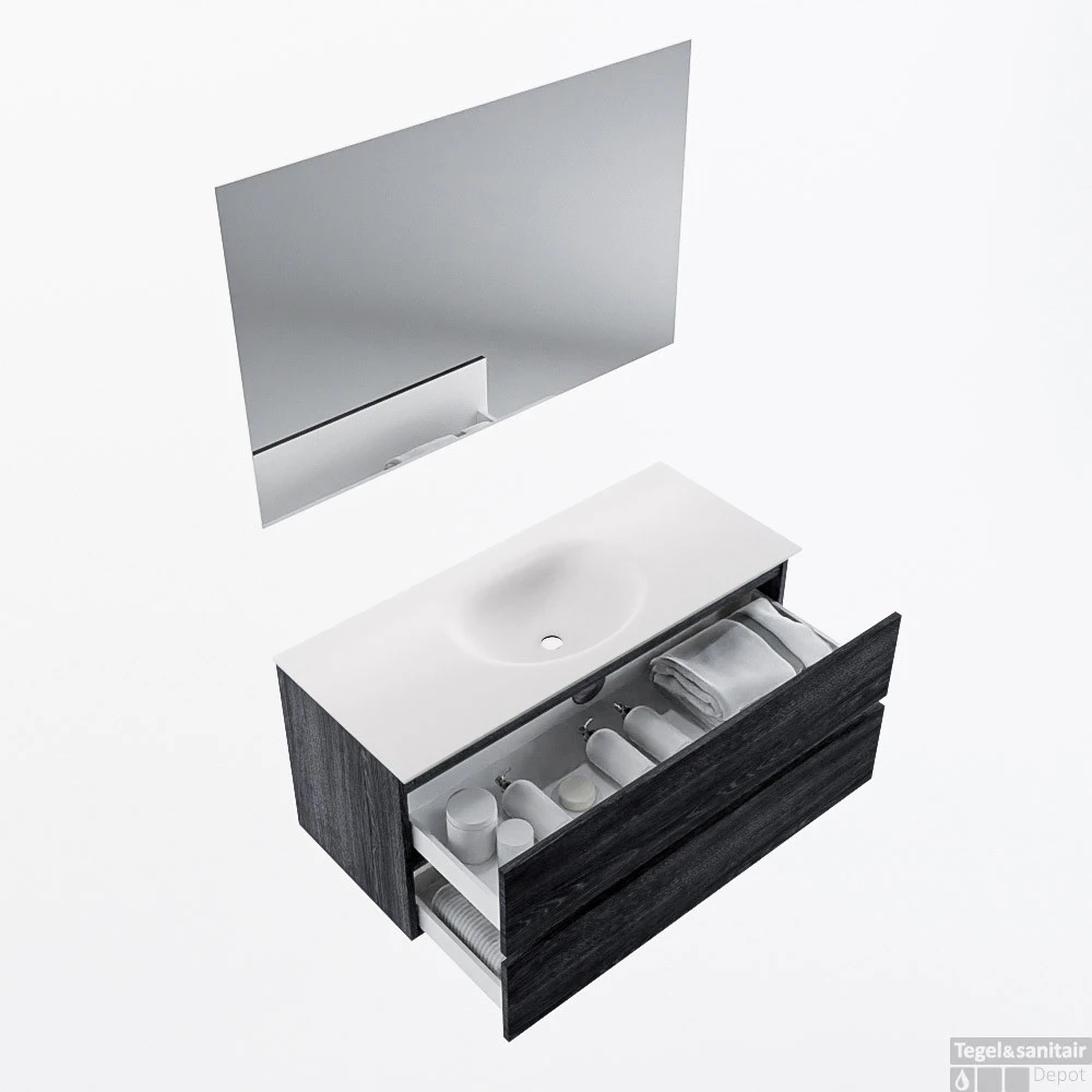 MONDIAZ VICA 110cm Badmeubel Onderkast Antracite 2 Lades. Wastafel Moon Midden Zonder Kraangat, Kleur Talc Met Spiegel LED. 2 MONDIAZ VICA 110cm Badmeubel Onderkast Antracite 2 Lades. Wastafel Moon Midden Zonder Kraangat, Kleur Talc Met Spiegel LED. - Afbeelding 2