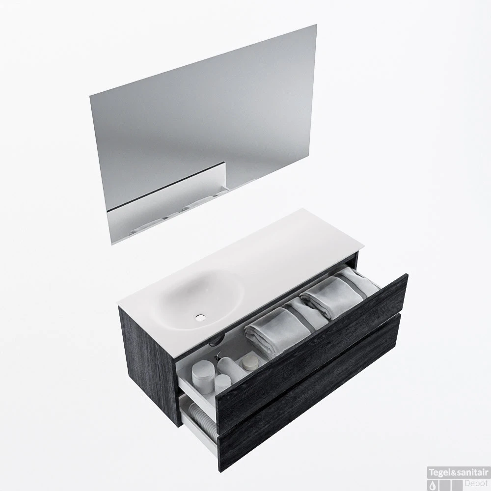 MONDIAZ VICA 120cm Badmeubel Onderkast Antracite 2 Lades. Wastafel Moon Links Zonder Kraangat, Kleur Talc Met Spiegel LED. 2 MONDIAZ VICA 120cm Badmeubel Onderkast Antracite 2 Lades. Wastafel Moon Links Zonder Kraangat, Kleur Talc Met Spiegel LED. - Afbeelding 2