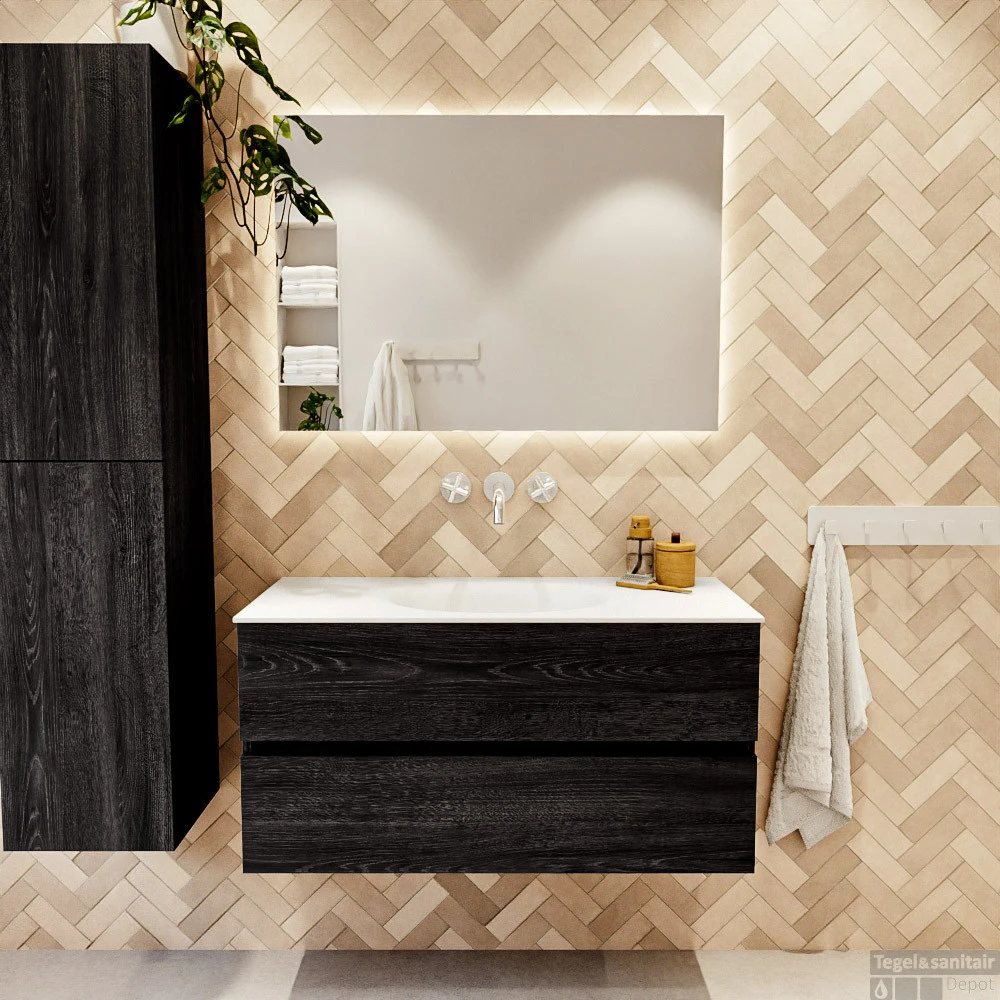 MONDIAZ VICA 100cm Badmeubel Onderkast Antracite 2 Lades. Wastafel Moon Midden Zonder Kraangat, Kleur Talc Met Spiegel LED. 5 MONDIAZ VICA 100cm Badmeubel Onderkast Antracite 2 Lades. Wastafel Moon Midden Zonder Kraangat, Kleur Talc Met Spiegel LED. - Afbeelding 5