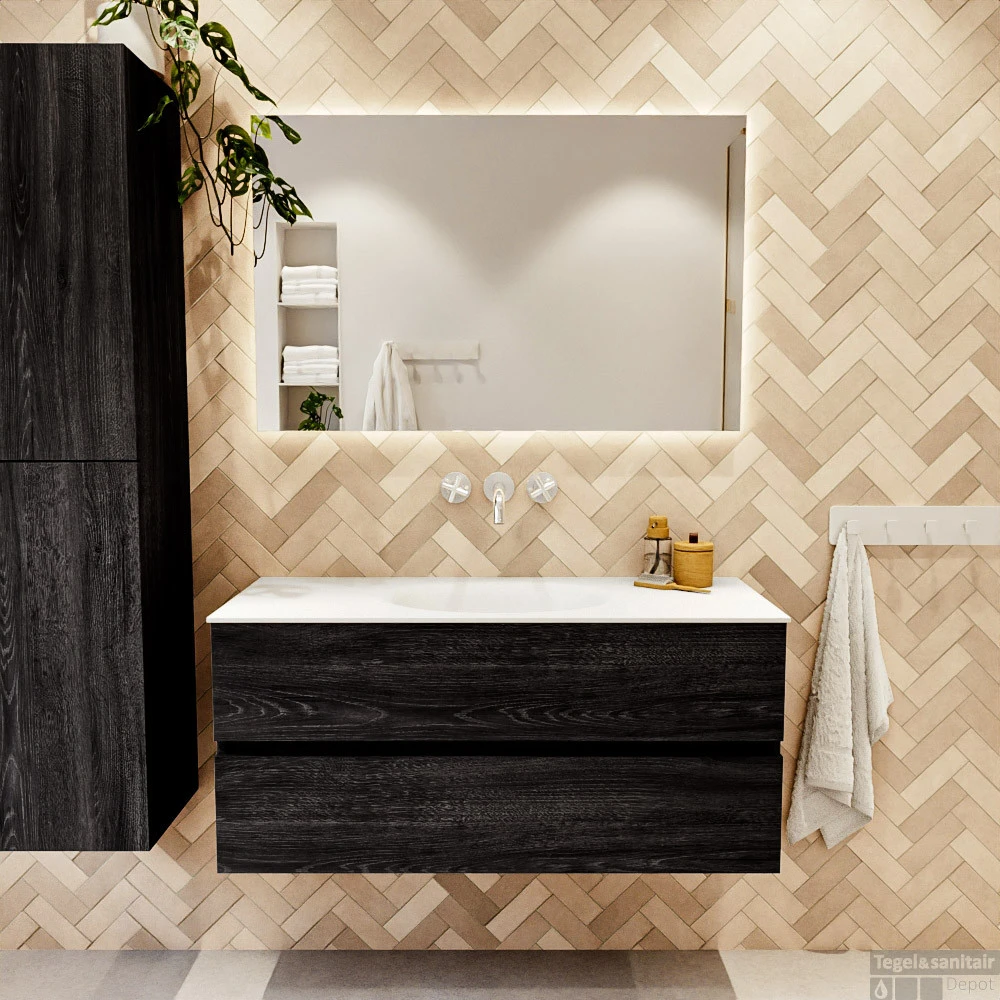 MONDIAZ VICA 110cm Badmeubel Onderkast Antracite 2 Lades. Wastafel Moon Midden Zonder Kraangat, Kleur Talc Met Spiegel LED. 5 MONDIAZ VICA 110cm Badmeubel Onderkast Antracite 2 Lades. Wastafel Moon Midden Zonder Kraangat, Kleur Talc Met Spiegel LED. - Afbeelding 5