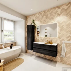 MONDIAZ VICA 120cm Badmeubel Onderkast Antracite 2 Lades. Wastafel Moon Links Zonder Kraangat, Kleur Talc Met Spiegel LED. 14 MONDIAZ VICA 120cm Badmeubel Onderkast Antracite 2 Lades. Wastafel Moon Links Zonder Kraangat, Kleur Talc Met Spiegel LED. -Baden Luxe Verkoop badkamermeubel vica antracite moon talc set4 0027