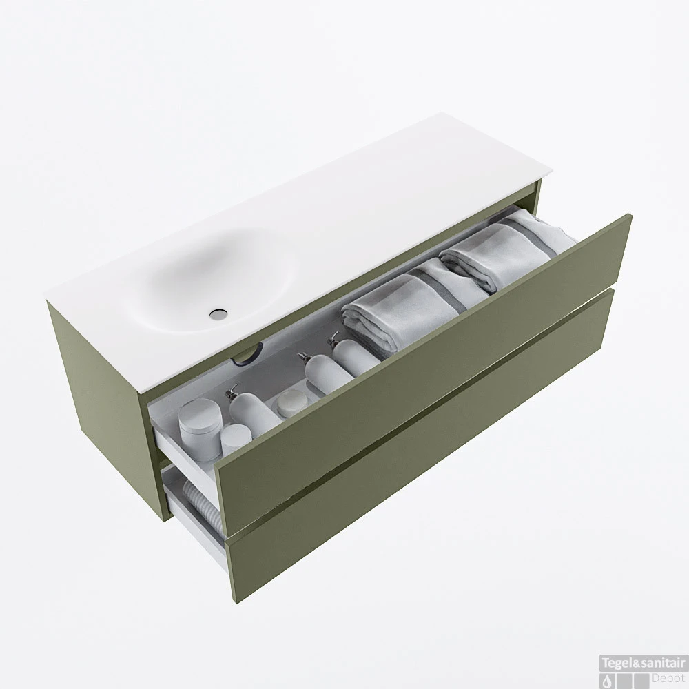 MONDIAZ VICA 140cm Badmeubel Onderkast Army 2 Lades. Wastafel MOON Links 1 Kraangat, Kleur Talc. 2 MONDIAZ VICA 140cm Badmeubel Onderkast Army 2 Lades. Wastafel MOON Links 1 Kraangat, Kleur Talc. - Afbeelding 2