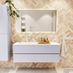 MONDIAZ VICA 130cm Badmeubel Onderkast Cale 2 Lades. Wastafel CLOUD Links Zonder Kraangat, Kleur Talc Met Spiegel LED. -Baden Luxe Verkoop badkamermeubel vica cale cloud talc set1 0035