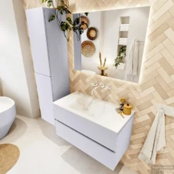 MONDIAZ VICA 90cm Badmeubel Onderkast Cale 2 Lades. Wastafel CLOUD Midden Zonder Kraangat, Kleur Talc. -Baden Luxe Verkoop badkamermeubel vica cale cloud talc set2 0009