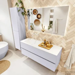 MONDIAZ VICA 130cm Badmeubel Onderkast Cale 2 Lades. Wastafel CLOUD Links Zonder Kraangat, Kleur Talc Met Spiegel LED. -Baden Luxe Verkoop badkamermeubel vica cale cloud talc set2 0035