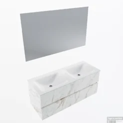 MONDIAZ VICA 120cm Badmeubel Onderkast Carrara 2 Lades. Wastafel CLOUD Dubbel 2 Kraangaten, Kleur Talc Met Spiegel LED.