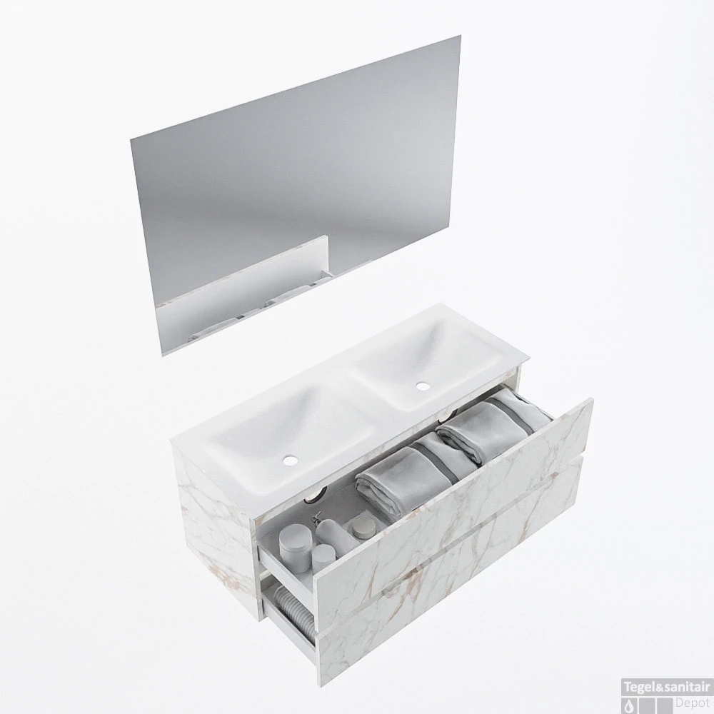 MONDIAZ VICA 120cm Badmeubel Onderkast Carrara 2 Lades. Wastafel CLOUD Dubbel 2 Kraangaten, Kleur Talc Met Spiegel LED. 2 MONDIAZ VICA 120cm Badmeubel Onderkast Carrara 2 Lades. Wastafel CLOUD Dubbel 2 Kraangaten, Kleur Talc Met Spiegel LED. - Afbeelding 2