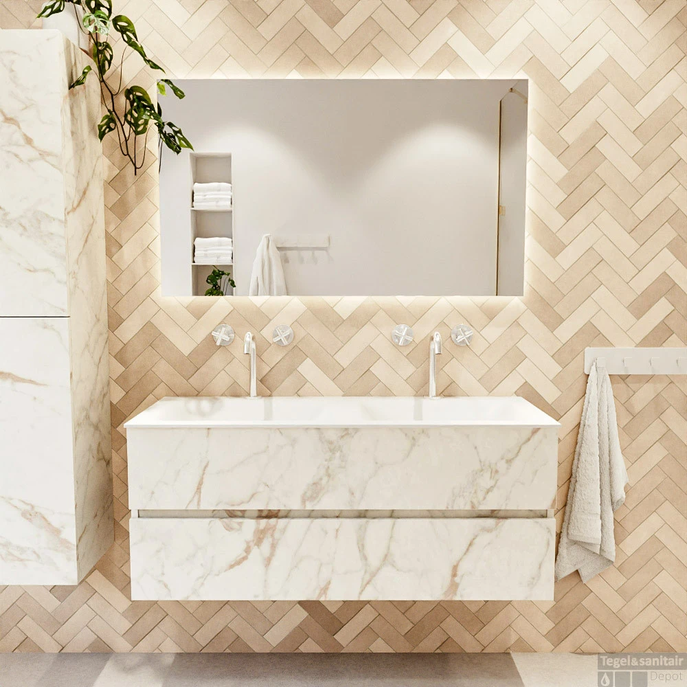 MONDIAZ VICA 120cm Badmeubel Onderkast Carrara 2 Lades. Wastafel CLOUD Dubbel 2 Kraangaten, Kleur Talc Met Spiegel LED. 5 MONDIAZ VICA 120cm Badmeubel Onderkast Carrara 2 Lades. Wastafel CLOUD Dubbel 2 Kraangaten, Kleur Talc Met Spiegel LED. - Afbeelding 5