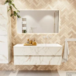 MONDIAZ VICA 130cm Badmeubel Onderkast Carrara 2 Lades. Wastafel CLOUD Rechts Zonder Kraangat, Kleur Talc Met Spiegel LED. -Baden Luxe Verkoop badkamermeubel vica carrara cloud talc set1 0036