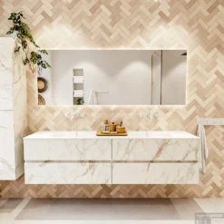 MONDIAZ VICA 190cm Badmeubel Onderkast Carrara 4 Lades. Wastafel CLOUD Dubbel Zonder Kraangat, Kleur Talc. -Baden Luxe Verkoop badkamermeubel vica carrara cloud talc set1 0101