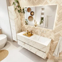 MONDIAZ VICA 130cm Badmeubel Onderkast Carrara 2 Lades. Wastafel CLOUD Rechts Zonder Kraangat, Kleur Talc Met Spiegel LED. -Baden Luxe Verkoop badkamermeubel vica carrara cloud talc set2 0036