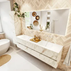 MONDIAZ VICA 190cm Badmeubel Onderkast Carrara 4 Lades. Wastafel CLOUD Dubbel Zonder Kraangat, Kleur Talc. -Baden Luxe Verkoop badkamermeubel vica carrara cloud talc set2 0101