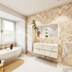 MONDIAZ VICA 120cm Badmeubel Onderkast Carrara 2 Lades. Wastafel CLOUD Dubbel 2 Kraangaten, Kleur Talc Met Spiegel LED. 14 MONDIAZ VICA 120cm Badmeubel Onderkast Carrara 2 Lades. Wastafel CLOUD Dubbel 2 Kraangaten, Kleur Talc Met Spiegel LED. -Baden Luxe Verkoop badkamermeubel vica carrara cloud talc set4 0025