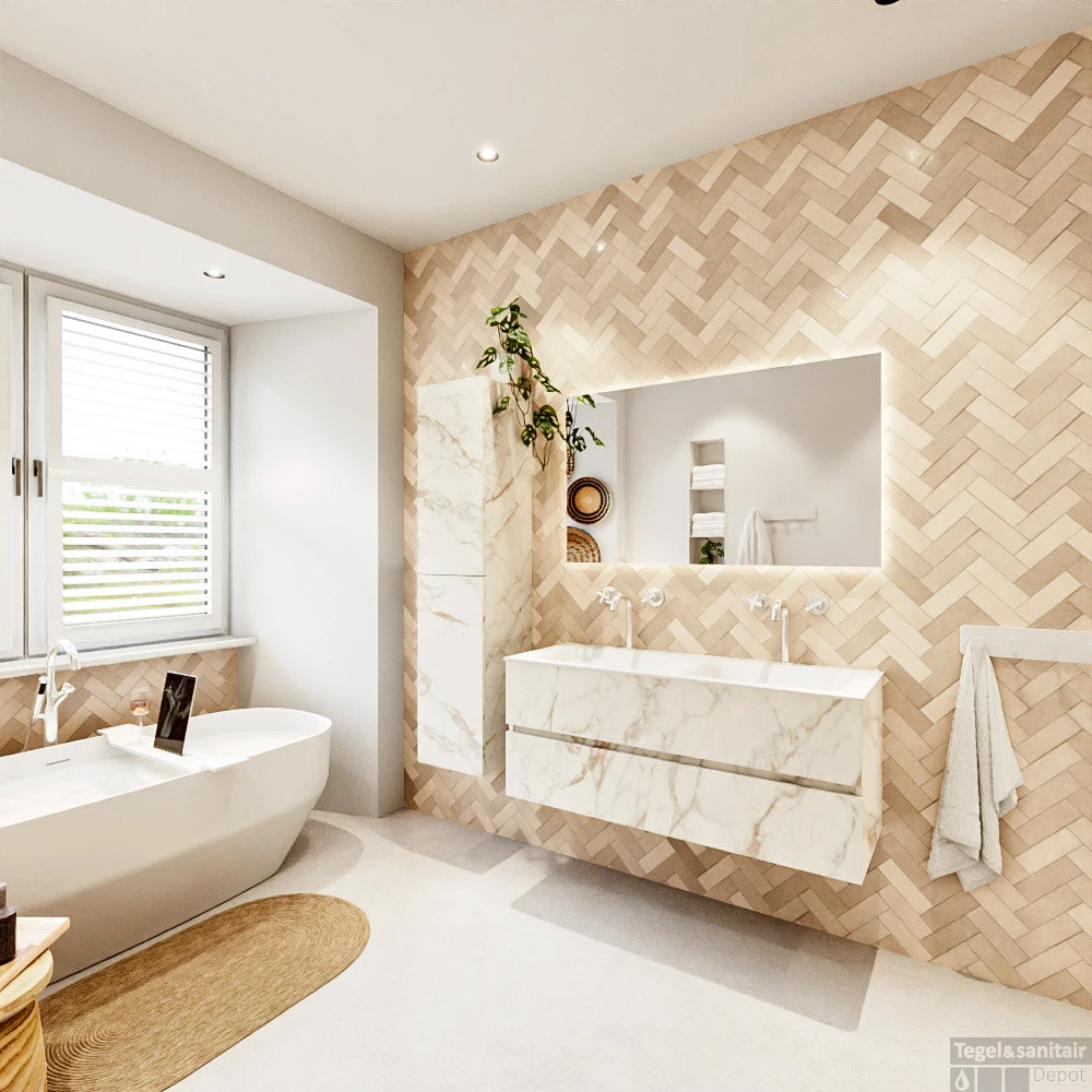 MONDIAZ VICA 120cm Badmeubel Onderkast Carrara 2 Lades. Wastafel CLOUD Dubbel 2 Kraangaten, Kleur Talc Met Spiegel LED. 7 MONDIAZ VICA 120cm Badmeubel Onderkast Carrara 2 Lades. Wastafel CLOUD Dubbel 2 Kraangaten, Kleur Talc Met Spiegel LED. - Afbeelding 7