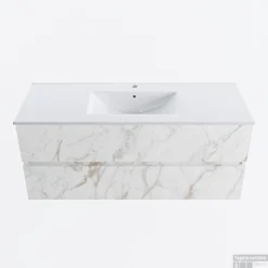 MONDIAZ VICA 120cm Badmeubel Onderkast Carrara 2 Lades. Wastafel DENIA Midden 1 Kraangat, Kleur Glanzend Wit.