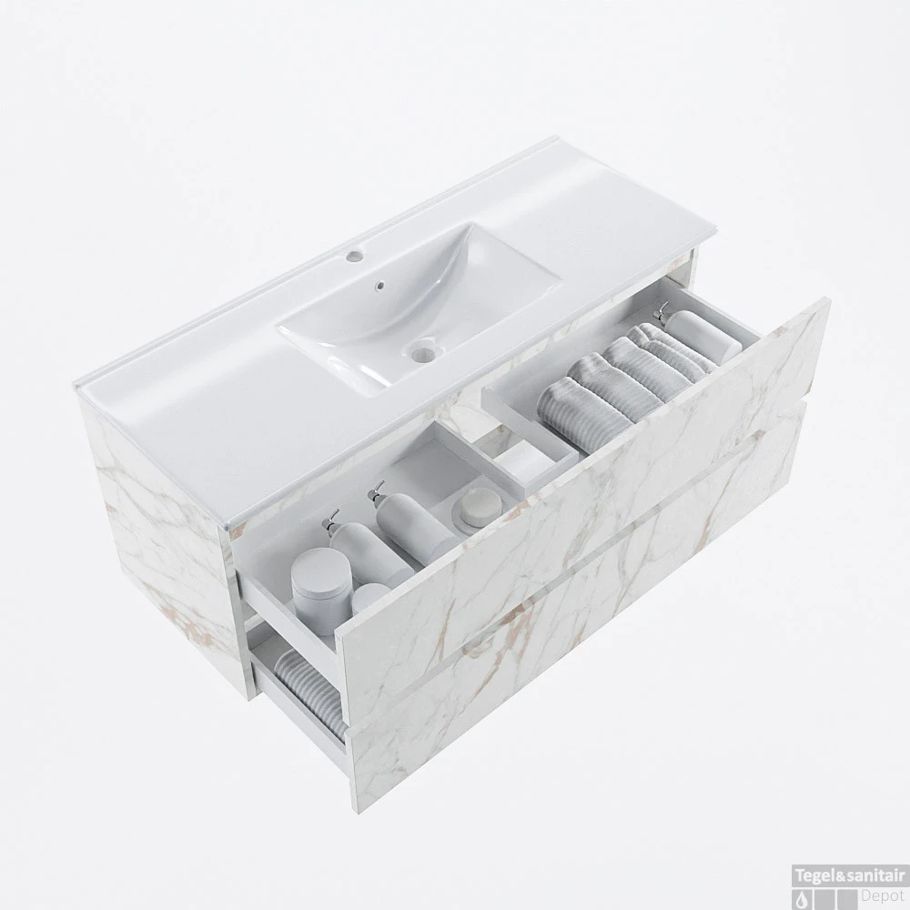 MONDIAZ VICA 120cm Badmeubel Onderkast Carrara 2 Lades. Wastafel DENIA Midden 1 Kraangat, Kleur Glanzend Wit. 2 MONDIAZ VICA 120cm Badmeubel Onderkast Carrara 2 Lades. Wastafel DENIA Midden 1 Kraangat, Kleur Glanzend Wit. - Afbeelding 2