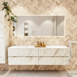 MONDIAZ VICA 180cm Badmeubel Onderkast Carrara 4 Lades. Wastafel MOON Links Zonder Kraangat, Kleur Talc. -Baden Luxe Verkoop badkamermeubel vica carrara moon talc set1 0093