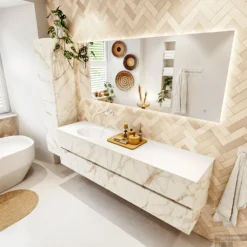 MONDIAZ VICA 180cm Badmeubel Onderkast Carrara 4 Lades. Wastafel MOON Links Zonder Kraangat, Kleur Talc. -Baden Luxe Verkoop badkamermeubel vica carrara moon talc set2 0093