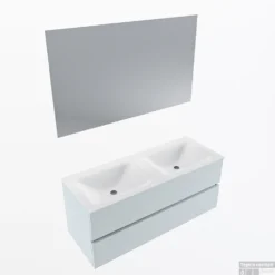 MONDIAZ VICA 120cm Badmeubel Onderkast Clay 2 Lades. Wastafel CLOUD Dubbel 2 Kraangaten, Kleur Talc Met Spiegel LED.