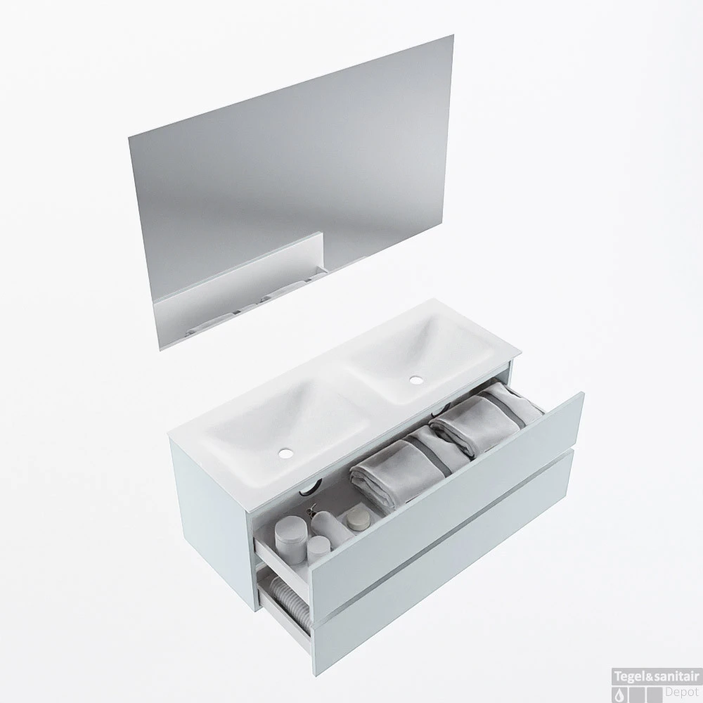 MONDIAZ VICA 120cm Badmeubel Onderkast Clay 2 Lades. Wastafel CLOUD Dubbel 2 Kraangaten, Kleur Talc Met Spiegel LED. 2 MONDIAZ VICA 120cm Badmeubel Onderkast Clay 2 Lades. Wastafel CLOUD Dubbel 2 Kraangaten, Kleur Talc Met Spiegel LED. - Afbeelding 2