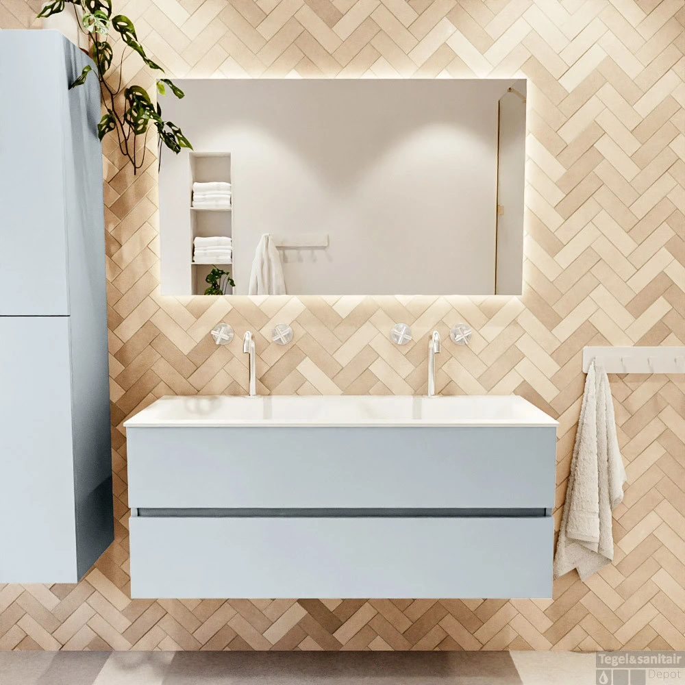 MONDIAZ VICA 120cm Badmeubel Onderkast Clay 2 Lades. Wastafel CLOUD Dubbel 2 Kraangaten, Kleur Talc Met Spiegel LED. 5 MONDIAZ VICA 120cm Badmeubel Onderkast Clay 2 Lades. Wastafel CLOUD Dubbel 2 Kraangaten, Kleur Talc Met Spiegel LED. - Afbeelding 5