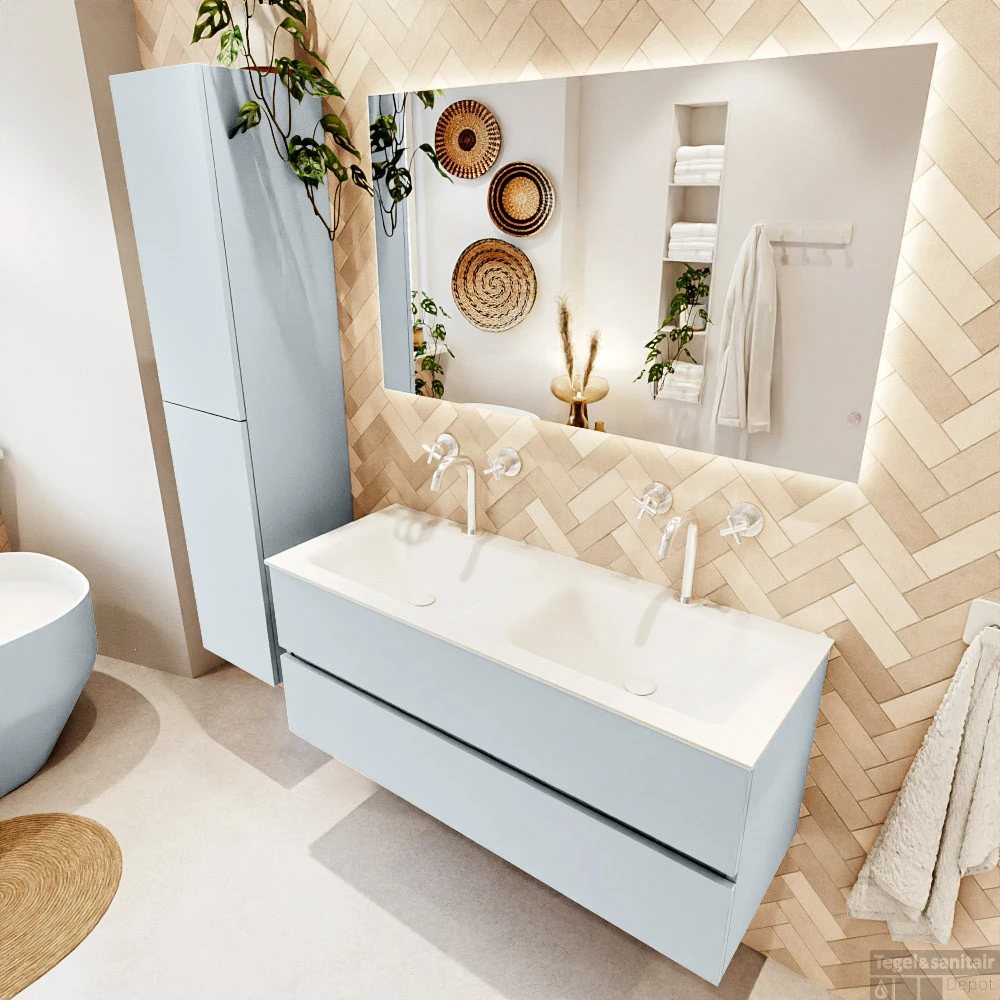 MONDIAZ VICA 120cm Badmeubel Onderkast Clay 2 Lades. Wastafel CLOUD Dubbel 2 Kraangaten, Kleur Talc Met Spiegel LED. 3 MONDIAZ VICA 120cm Badmeubel Onderkast Clay 2 Lades. Wastafel CLOUD Dubbel 2 Kraangaten, Kleur Talc Met Spiegel LED. - Afbeelding 3