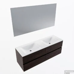 MONDIAZ VICA 140cm Badmeubel Onderkast Dark Brown 4 Lades. Wastafel CLOUD Dubbel 2 Kraangaten, Kleur Talc Met Spiegel LED.