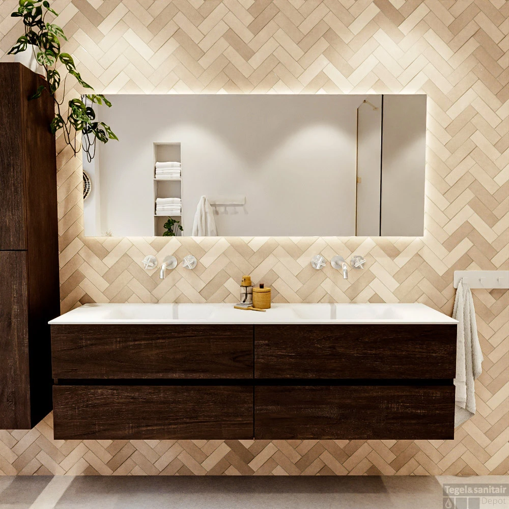 MONDIAZ VICA 170cm Badmeubel Onderkast Dark Brown 4 Lades. Wastafel CLOUD Dubbel Zonder Kraangat, Kleur Talc. 5 MONDIAZ VICA 170cm Badmeubel Onderkast Dark Brown 4 Lades. Wastafel CLOUD Dubbel Zonder Kraangat, Kleur Talc. - Afbeelding 5