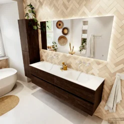 MONDIAZ VICA 170cm Badmeubel Onderkast Dark Brown 4 Lades. Wastafel CLOUD Dubbel Zonder Kraangat, Kleur Talc. 9 MONDIAZ VICA 170cm Badmeubel Onderkast Dark Brown 4 Lades. Wastafel CLOUD Dubbel Zonder Kraangat, Kleur Talc. -Baden Luxe Verkoop badkamermeubel vica dark brown cloud talc set2 0089