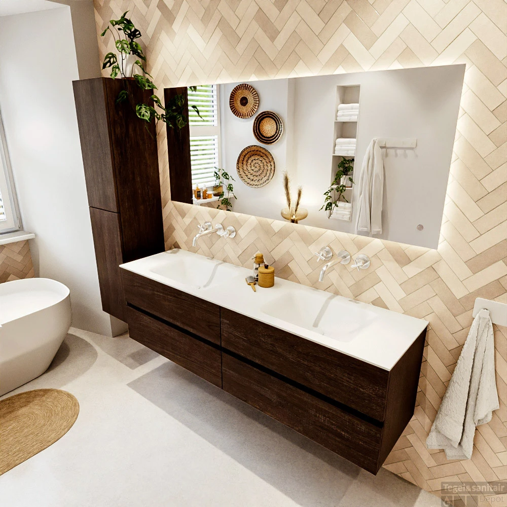 MONDIAZ VICA 170cm Badmeubel Onderkast Dark Brown 4 Lades. Wastafel CLOUD Dubbel Zonder Kraangat, Kleur Talc. 3 MONDIAZ VICA 170cm Badmeubel Onderkast Dark Brown 4 Lades. Wastafel CLOUD Dubbel Zonder Kraangat, Kleur Talc. - Afbeelding 3