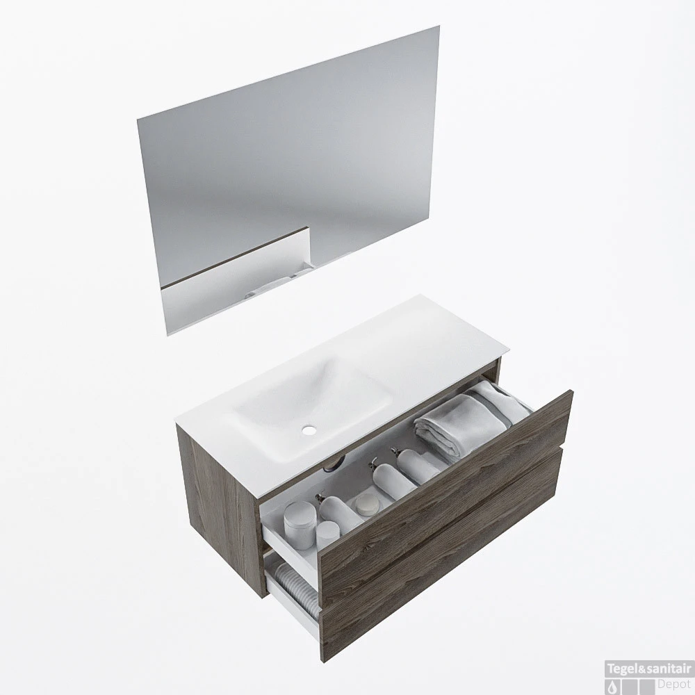 MONDIAZ VICA 110cm Badmeubel Onderkast Dark Brown Grey 2 Lades. Wastafel CLOUD Links Zonder Kraangat, Kleur Talc Met Spiegel LED. 2 MONDIAZ VICA 110cm Badmeubel Onderkast Dark Brown Grey 2 Lades. Wastafel CLOUD Links Zonder Kraangat, Kleur Talc Met Spiegel LED. - Afbeelding 2