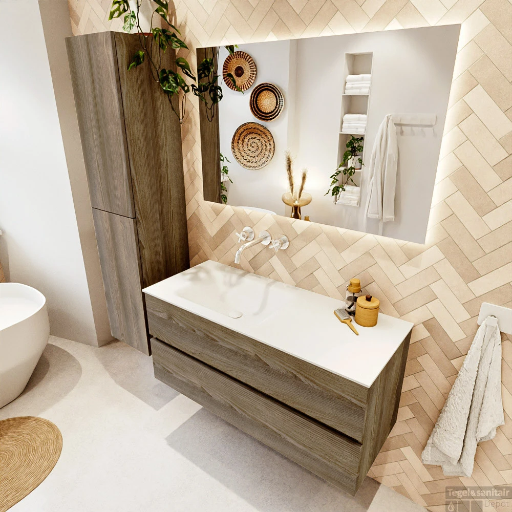 MONDIAZ VICA 110cm Badmeubel Onderkast Dark Brown Grey 2 Lades. Wastafel CLOUD Links Zonder Kraangat, Kleur Talc Met Spiegel LED. 3 MONDIAZ VICA 110cm Badmeubel Onderkast Dark Brown Grey 2 Lades. Wastafel CLOUD Links Zonder Kraangat, Kleur Talc Met Spiegel LED. - Afbeelding 3