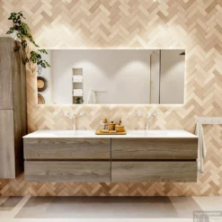 MONDIAZ VICA 190cm Badmeubel Onderkast Dark Brown Grey 4 Lades. Wastafel MOON Dubbel 2 Kraangaten, Kleur Talc. -Baden Luxe Verkoop badkamermeubel vica dark brown grey moon talc set1 098