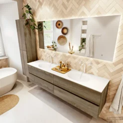 MONDIAZ VICA 190cm Badmeubel Onderkast Dark Brown Grey 4 Lades. Wastafel MOON Dubbel 2 Kraangaten, Kleur Talc. -Baden Luxe Verkoop badkamermeubel vica dark brown grey moon talc set2 0098