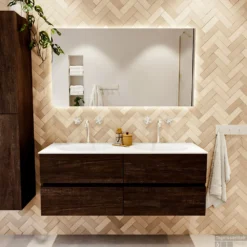 MONDIAZ VICA 130cm Badmeubel Onderkast Dark Brown 4 Lades. Wastafel MOON Dubbel 2 Kraangaten, Kleur Talc. 11 MONDIAZ VICA 130cm Badmeubel Onderkast Dark Brown 4 Lades. Wastafel MOON Dubbel 2 Kraangaten, Kleur Talc. -Baden Luxe Verkoop badkamermeubel vica dark brown moon talc set1 0062