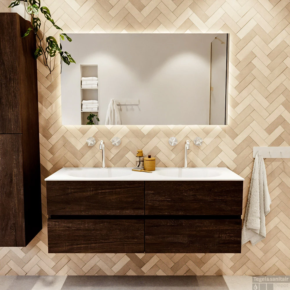 MONDIAZ VICA 130cm Badmeubel Onderkast Dark Brown 4 Lades. Wastafel MOON Dubbel 2 Kraangaten, Kleur Talc. 5 MONDIAZ VICA 130cm Badmeubel Onderkast Dark Brown 4 Lades. Wastafel MOON Dubbel 2 Kraangaten, Kleur Talc. - Afbeelding 5