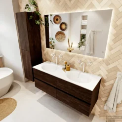 MONDIAZ VICA 130cm Badmeubel Onderkast Dark Brown 4 Lades. Wastafel MOON Dubbel 2 Kraangaten, Kleur Talc. 9 MONDIAZ VICA 130cm Badmeubel Onderkast Dark Brown 4 Lades. Wastafel MOON Dubbel 2 Kraangaten, Kleur Talc. -Baden Luxe Verkoop badkamermeubel vica dark brown moon talc set2 0062