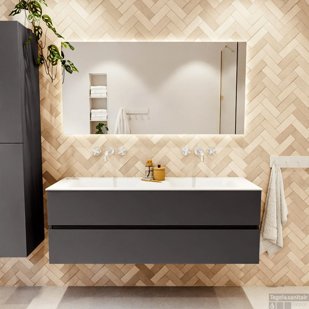 MONDIAZ VICA 140cm Badmeubel Onderkast Dark Grey 2 Lades. Wastafel CLOUD Dubbel Zonder Kraangat, Kleur Talc Met Spiegel LED. 5 MONDIAZ VICA 140cm Badmeubel Onderkast Dark Grey 2 Lades. Wastafel CLOUD Dubbel Zonder Kraangat, Kleur Talc Met Spiegel LED. - Afbeelding 5