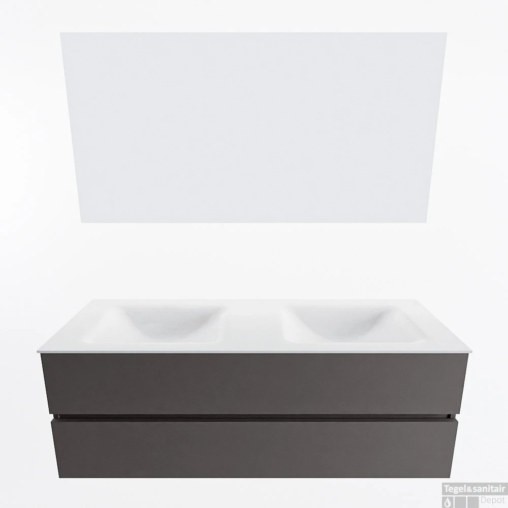 MONDIAZ VICA 140cm Badmeubel Onderkast Dark Grey 2 Lades. Wastafel CLOUD Dubbel Zonder Kraangat, Kleur Talc Met Spiegel LED. 4 MONDIAZ VICA 140cm Badmeubel Onderkast Dark Grey 2 Lades. Wastafel CLOUD Dubbel Zonder Kraangat, Kleur Talc Met Spiegel LED. - Afbeelding 4