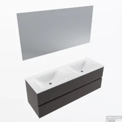 MONDIAZ VICA 140cm Badmeubel Onderkast Dark Grey 2 Lades. Wastafel CLOUD Dubbel Zonder Kraangat, Kleur Talc Met Spiegel LED.