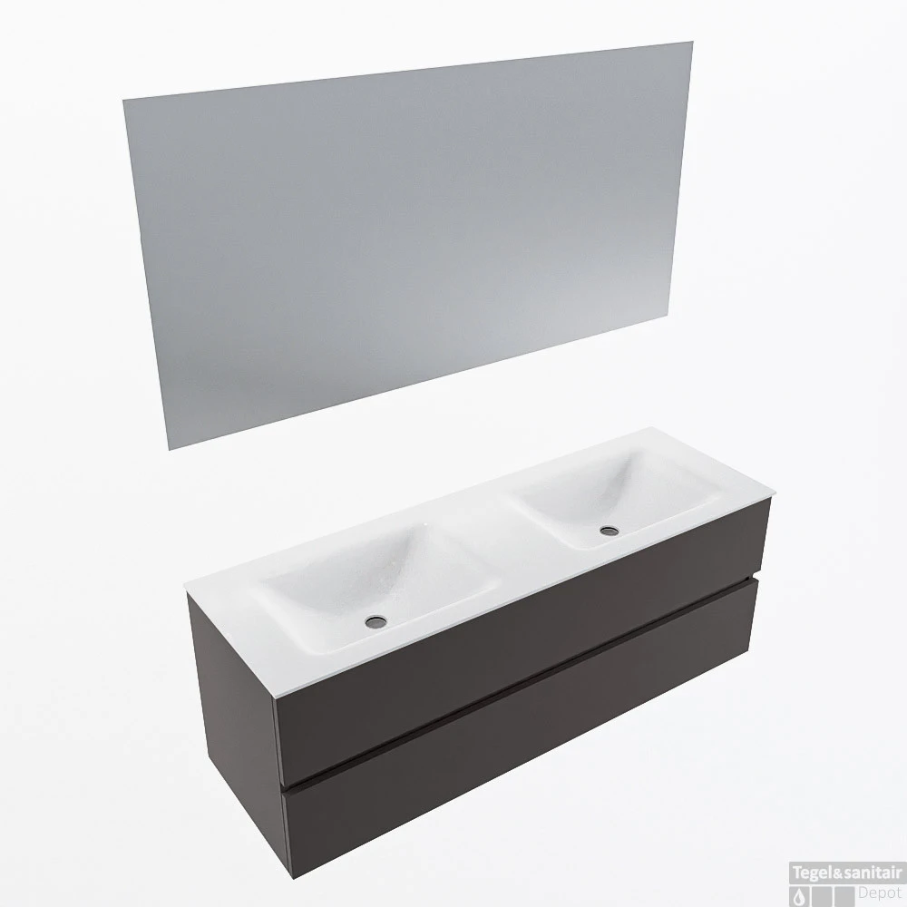 MONDIAZ VICA 140cm Badmeubel Onderkast Dark Grey 2 Lades. Wastafel CLOUD Dubbel Zonder Kraangat, Kleur Talc Met Spiegel LED. 1 MONDIAZ VICA 140cm Badmeubel Onderkast Dark Grey 2 Lades. Wastafel CLOUD Dubbel Zonder Kraangat, Kleur Talc Met Spiegel LED.