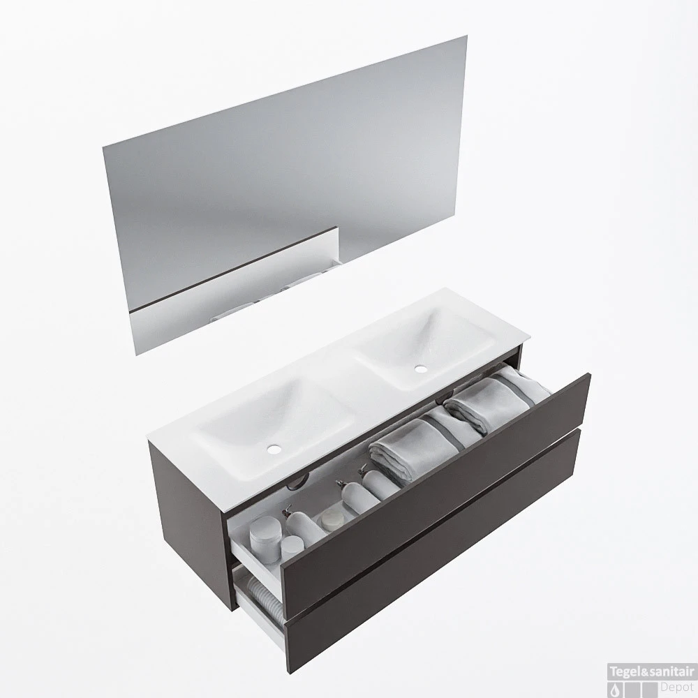 MONDIAZ VICA 140cm Badmeubel Onderkast Dark Grey 2 Lades. Wastafel CLOUD Dubbel Zonder Kraangat, Kleur Talc Met Spiegel LED. 2 MONDIAZ VICA 140cm Badmeubel Onderkast Dark Grey 2 Lades. Wastafel CLOUD Dubbel Zonder Kraangat, Kleur Talc Met Spiegel LED. - Afbeelding 2