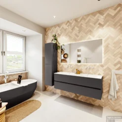 MONDIAZ VICA 140cm Badmeubel Onderkast Dark Grey 2 Lades. Wastafel CLOUD Dubbel Zonder Kraangat, Kleur Talc Met Spiegel LED. 14 MONDIAZ VICA 140cm Badmeubel Onderkast Dark Grey 2 Lades. Wastafel CLOUD Dubbel Zonder Kraangat, Kleur Talc Met Spiegel LED. -Baden Luxe Verkoop badkamermeubel vica dark grey cloud talc set4 0045