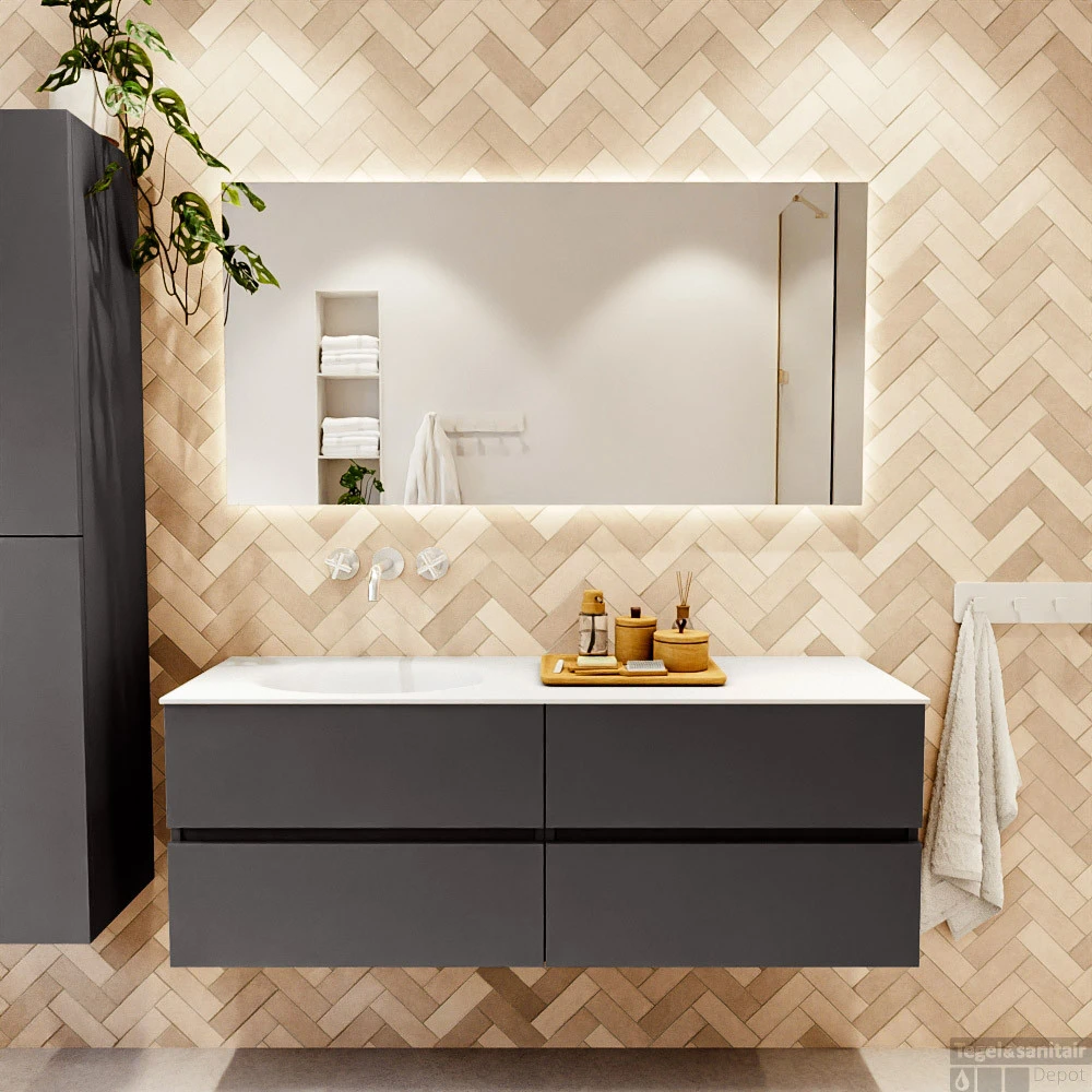 MONDIAZ VICA 140cm Badmeubel Onderkast Dark Grey 4 Lades. Wastafel Moon Links Zonder Kraangat, Kleur Talc Met Spiegel LED. 5 MONDIAZ VICA 140cm Badmeubel Onderkast Dark Grey 4 Lades. Wastafel Moon Links Zonder Kraangat, Kleur Talc Met Spiegel LED. - Afbeelding 5