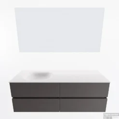 MONDIAZ VICA 140cm Badmeubel Onderkast Dark Grey 4 Lades. Wastafel Moon Links Zonder Kraangat, Kleur Talc Met Spiegel LED. 11 MONDIAZ VICA 140cm Badmeubel Onderkast Dark Grey 4 Lades. Wastafel Moon Links Zonder Kraangat, Kleur Talc Met Spiegel LED. -Baden Luxe Verkoop badkamermeubel vica dark grey moon talc google11 0069