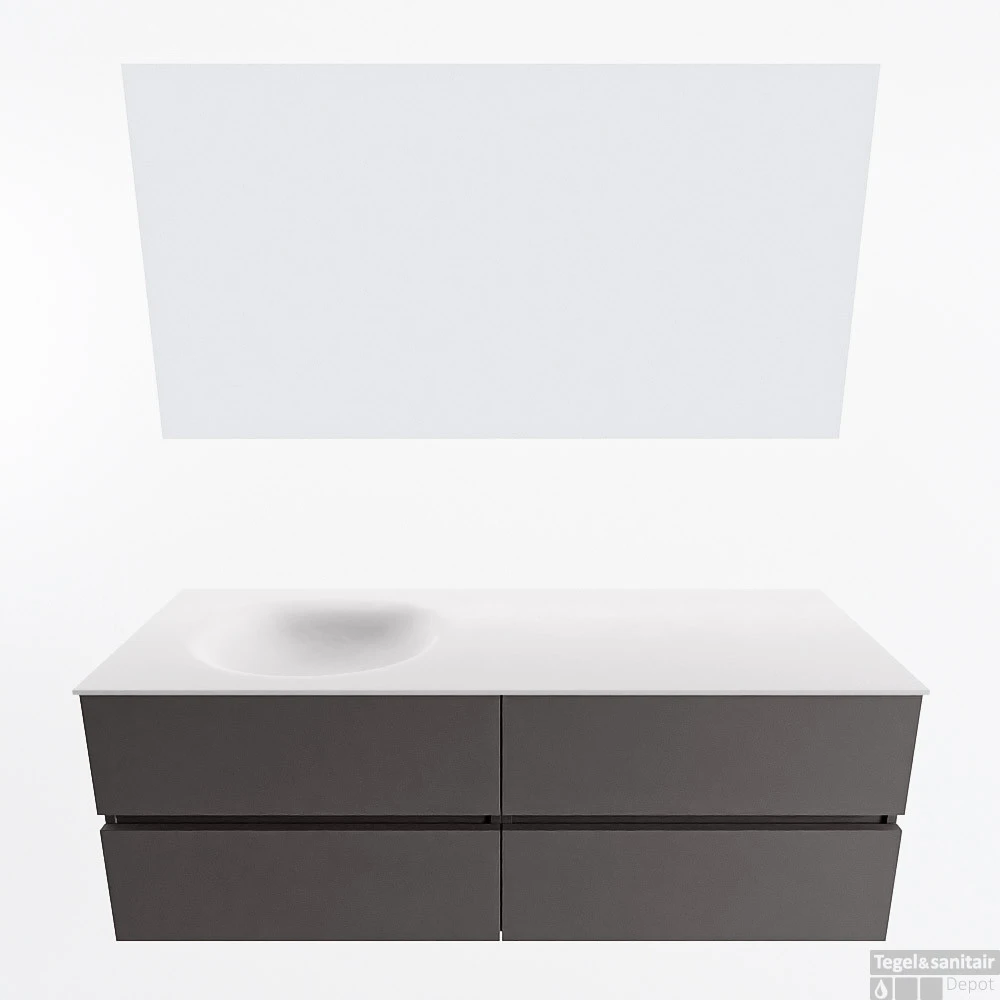 MONDIAZ VICA 140cm Badmeubel Onderkast Dark Grey 4 Lades. Wastafel Moon Links Zonder Kraangat, Kleur Talc Met Spiegel LED. 4 MONDIAZ VICA 140cm Badmeubel Onderkast Dark Grey 4 Lades. Wastafel Moon Links Zonder Kraangat, Kleur Talc Met Spiegel LED. - Afbeelding 4